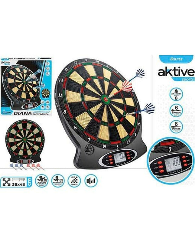 Aktive electronic dartboard measuring 38x43 cm, designed for indoor sport and outdoor darts gameplay.