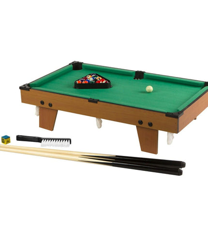AquaSport Americano tabletop billiard game with blue and red balls, cue sticks, and scoring accessories on a wooden surface.