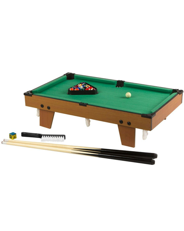 AquaSport Americano tabletop billiard game with blue and red balls, cue sticks, and scoring accessories on a wooden surface.