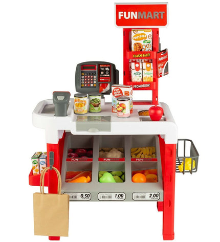 Funville Speelgoedsupermarkt Funmart toy shopping playset with colorful shelves and pretend food, ideal for imaginative role-play.