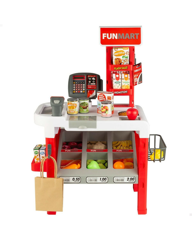 Funville Speelgoedsupermarkt Funmart toy shopping playset with colorful shelves and pretend food, ideal for imaginative role-play.