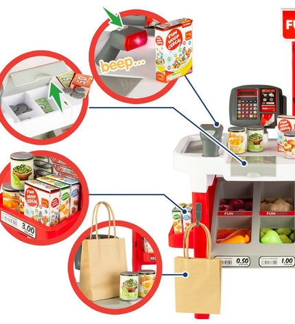 Funville Speelgoedsupermarkt Funmart imitation playset with colorful shelves, cash register, and food items for kids' pretend shopping.