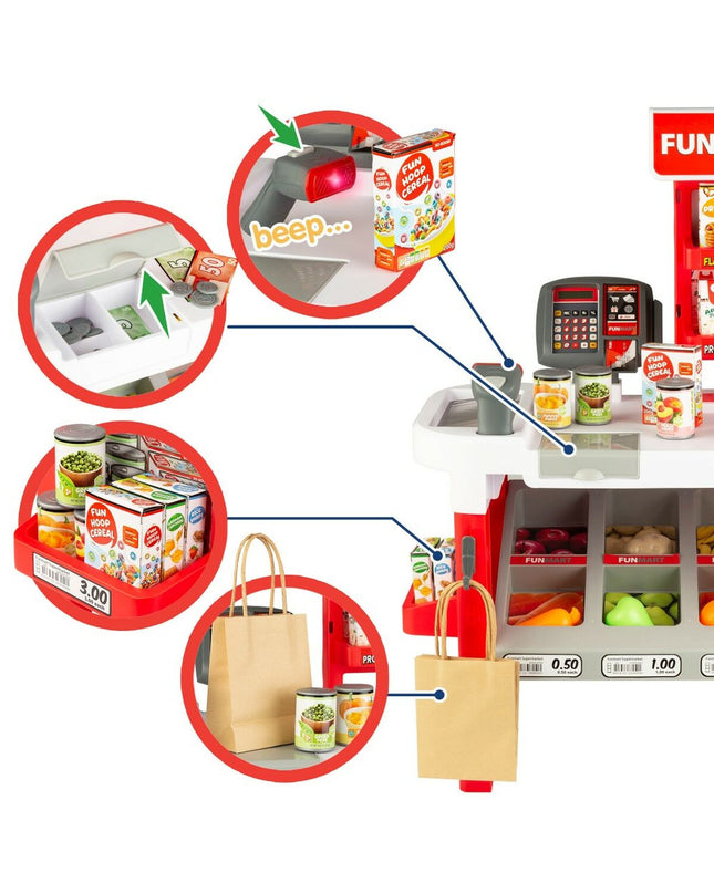 Funville Speelgoedsupermarkt Funmart imitation playset with colorful shelves, cash register, and food items for kids' pretend shopping.