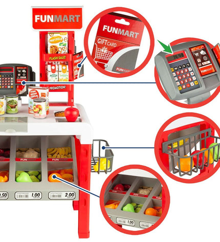 Funville Speelgoedsupermarkt Funmart toy playset with colorful shelves and pretend food items, perfect for imaginative role-playing.