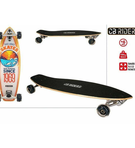 Colorbaby wooden skateboard measuring 74 x 22 cm, designed for outdoor play, with colorful deck and sturdy wheels.