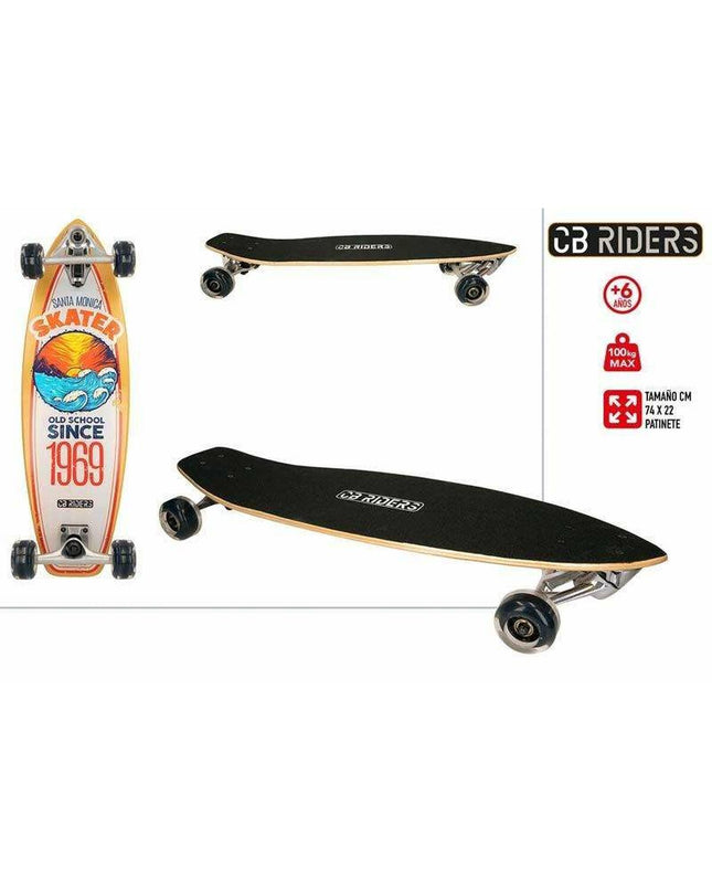 Colorbaby wooden skateboard measuring 74 x 22 cm, designed for outdoor play, with colorful deck and sturdy wheels.
