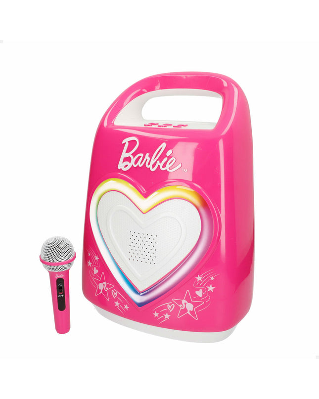 Barbie karaoke microfoon toy for children, pink handheld microphone with Barbie branding, perfect for singing and play.