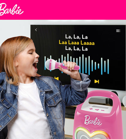 Barbie karaoke microphone toy for kids, featuring colorful design and playful microphone shape. Perfect for children's musical play.