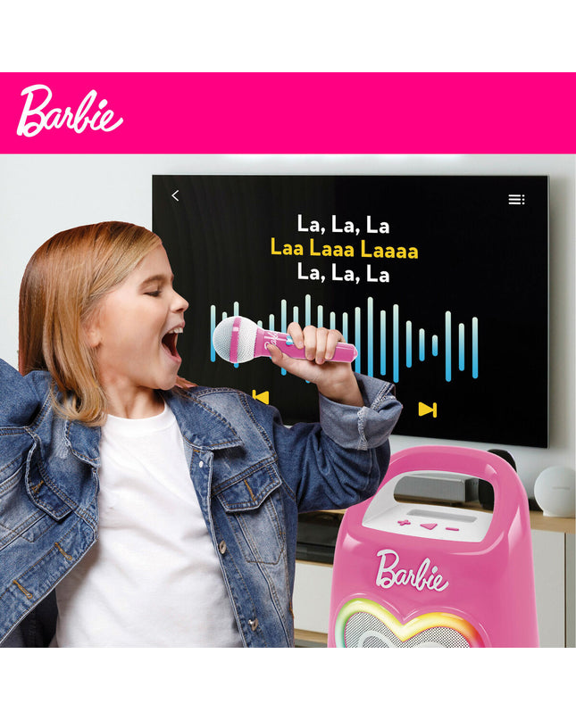 Barbie karaoke microphone toy for kids, featuring colorful design and playful microphone shape. Perfect for children's musical play.