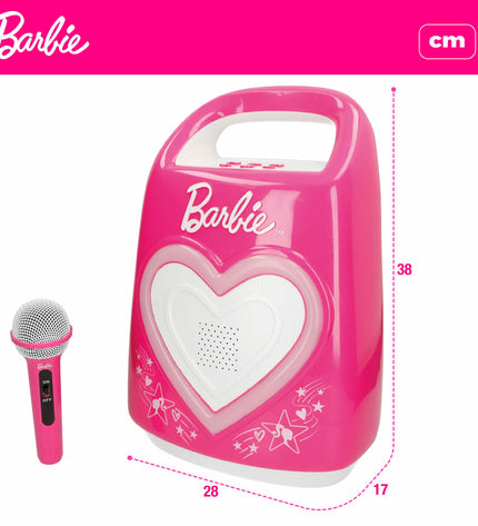 Barbie karaoke microphone toy for children, pink and white with microphone and speaker, designed for kids' music and singing play.