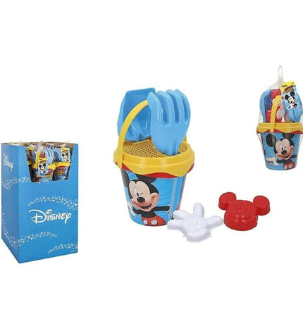 Mickey Mouse strandspeelgoedset with six colorful plastic toys, ideal for outdoor play and sports activities.