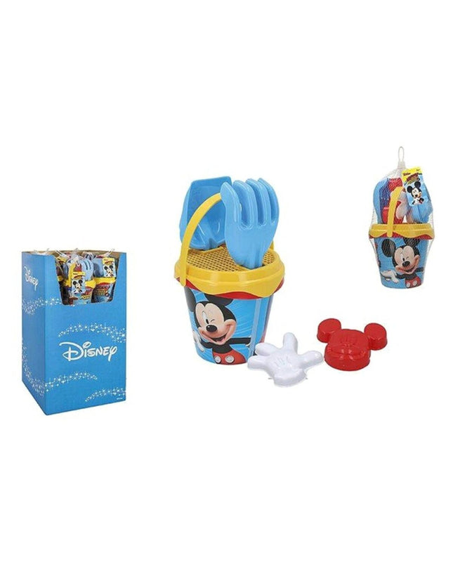 Mickey Mouse strandspeelgoedset with six colorful plastic toys, ideal for outdoor play and sports activities.