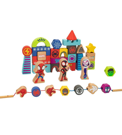 Spidey Amazing Friends playset with 35 wooden pieces, includes action figures and accessories for kids' superhero play.