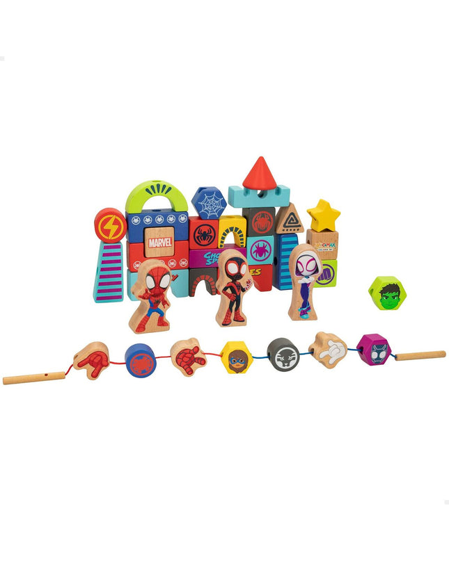 Spidey Amazing Friends playset with 35 wooden pieces, includes action figures and accessories for kids' superhero play.