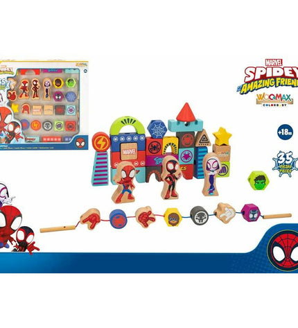 Spidey Amazing Friends playset with 35 wooden pieces, featuring action figures and accessories from Spidey toys and games collection.