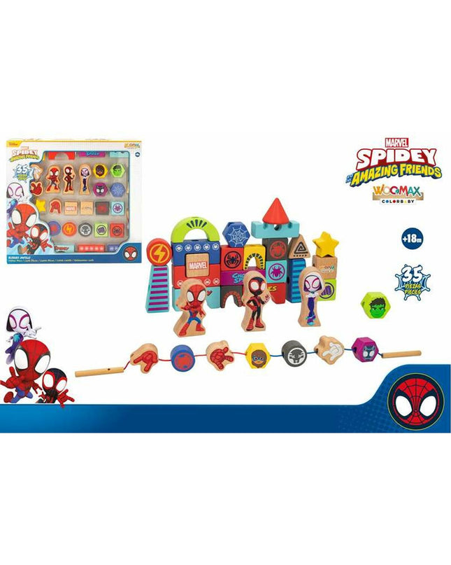 Spidey Amazing Friends playset with 35 wooden pieces, featuring action figures and accessories from Spidey toys and games collection.