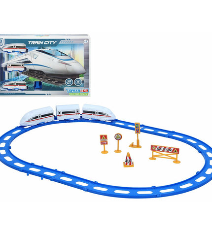 Speed & Go Train Met Circuit with 20 pieces, 56 cm long, featuring colorful train and track components for kids' play.