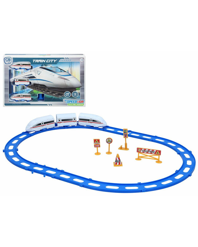 Speed & Go Train Met Circuit with 20 pieces, 56 cm long, featuring colorful train and track components for kids' play.