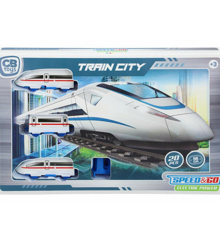 Speed & Go Train Met Circuit with 20 parts, 56 cm long, featuring colorful train and track pieces for children’s play.