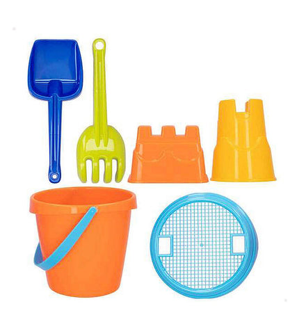 Colorbaby strandspeelgoedset with six colorful pieces for imaginative play, designed for outdoor and sport activities.