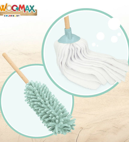 Woomax Reinig & Opberg Kit voor speelgoed en games, inclusief speelgoed schoonmaak- en opberg accessoires, op een speeltafel.