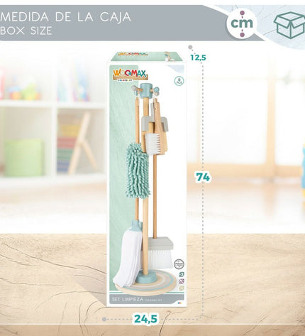 Woomax Reinig & Opberg Kit for toys, featuring cleaning tools and storage compartments, designed for kids' play areas.