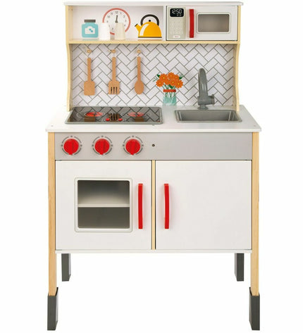 Woomax speelgoedkeuken in roze met oven, spoelbak en houtsnijwerk, 59.5 x 30 x 94.5 cm, voor imiteerspelletjes en speelgoed.