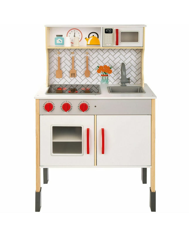 Woomax speelgoedkeuken in roze met oven, spoelbak en houtsnijwerk, 59.5 x 30 x 94.5 cm, voor imiteerspelletjes en speelgoed.