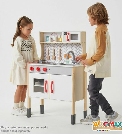 Woomax toy kitchen in pink and white, measuring 59.5 x 30 x 94.5 cm, with stove, sink, and play utensils for imaginative play.