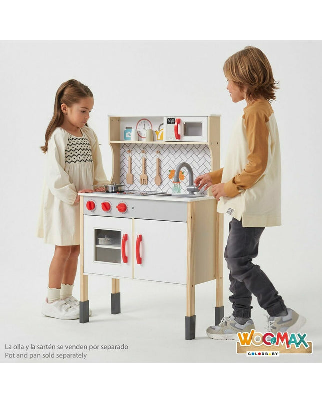 Woomax toy kitchen in pink and white, measuring 59.5 x 30 x 94.5 cm, with stove, sink, and play utensils for imaginative play.