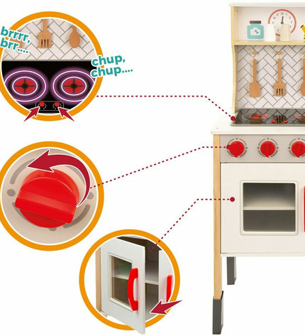 Woomax speelgoedkeuken in hout, 59.5x30x94.5 cm, with realistic stove, sink, and storage for imaginative play.