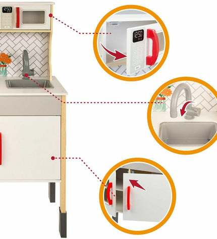 Woomax toy kitchen set with stove, sink, and storage compartments, measuring 59.5 x 30 x 94.5 cm, in bright colors for imaginative play.