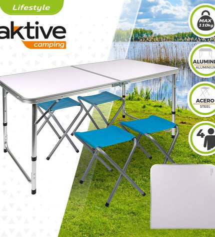 Aktive camping table measuring 120 x 70 x 60 cm, suitable for outdoor use, with a sturdy surface and foldable design.