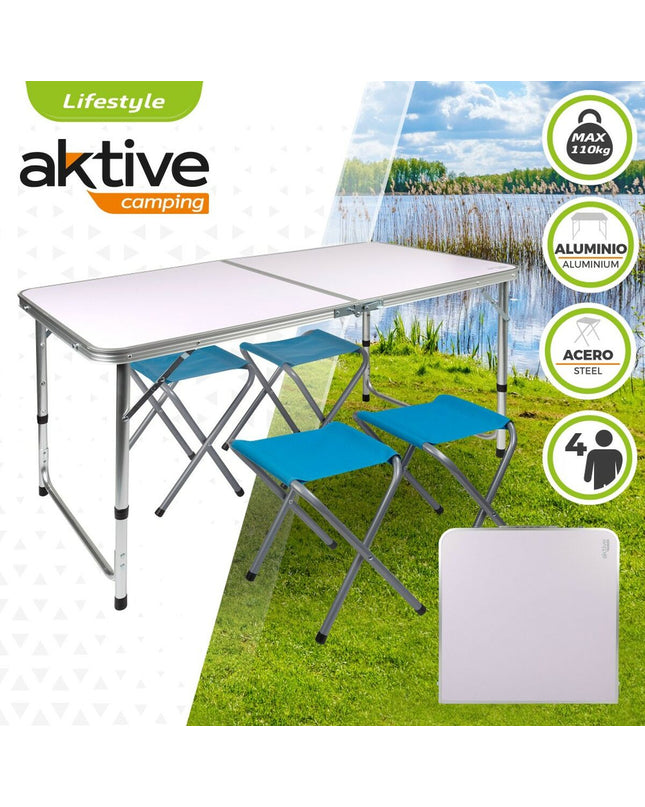 Aktive camping table measuring 120 x 70 x 60 cm, suitable for outdoor use, with a sturdy surface and foldable design.