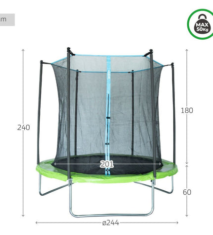 Aktive Kindertrampoline with safety net, 244 cm diameter, outdoor fitness equipment for kids, black and colorful design