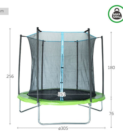 Aktive Kindertrampoline with safety net, 305 cm diameter, outdoor fitness equipment for kids, sturdy frame and enclosure.