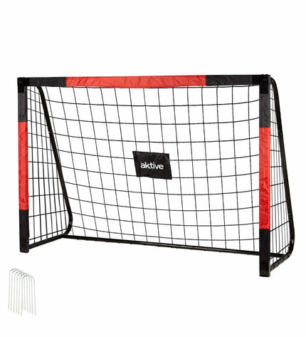 Black and red Aktive football goal measuring 180x120x60 cm, designed for outdoor soccer practice and games.