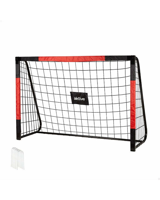 Black and red Aktive football goal measuring 180x120x60 cm, designed for outdoor soccer practice and games.