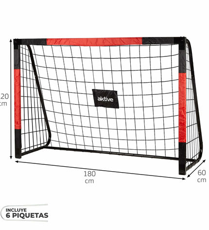 Black and red Aktive football goal measuring 180 x 120 x 60 cm, suitable for outdoor soccer practice.