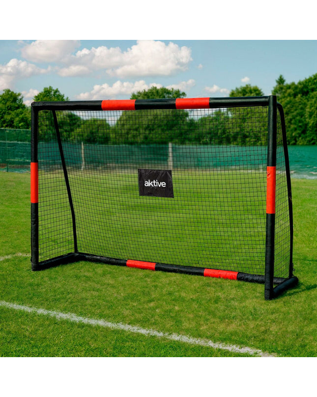 Black Aktive soccer goal for outdoor sports, featuring a sturdy metal frame and net for soccer practice and games.