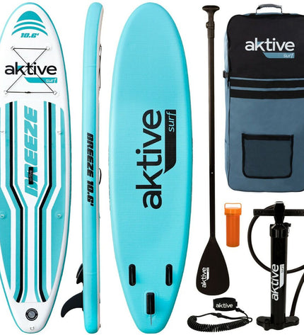Blue inflatable SUP board with accessories from Aktive, ideal for water sports and outdoor activities on the water.