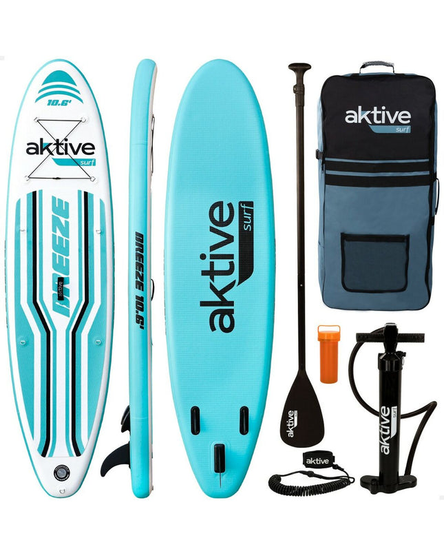 Blue inflatable SUP board with accessories from Aktive, ideal for water sports and outdoor activities on the water.