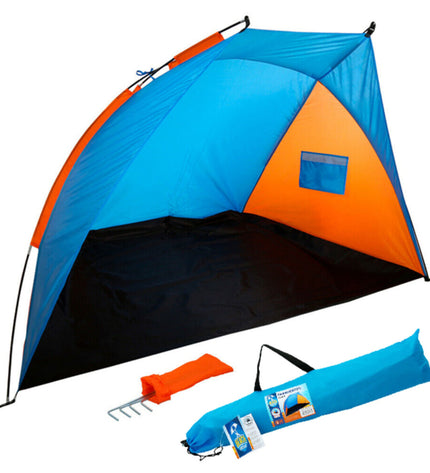 Colorbaby Windscherm Beach in blue and orange, 200x125x120 cm, outdoor beach shelter with fabric panels and support poles.