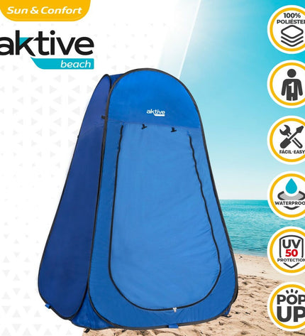 Blue Aktive camping tent for outdoor adventures, shown set up with open entrance and durable fabric, ideal for camping and hiking.