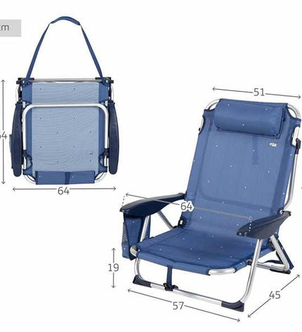 Aktive donkerblauwe strandstoel voor outdoor gebruik, 51x45x76 cm, geschikt voor kamperen en wandelen, sport en outdoor gear.