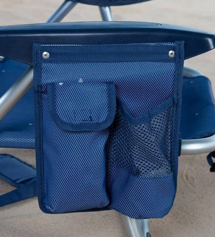 Aktive donkerblauwe strandstoel met afmetingen 51x45x76 cm, geschikt voor outdoor, kamperen en wandelen.