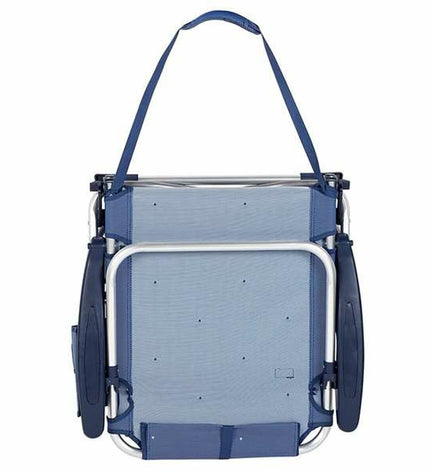 Aktive donkerblauwe strandstoel met afmetingen 51x45x76 cm, geschikt voor sport, outdoor, kamperen en wandelen.