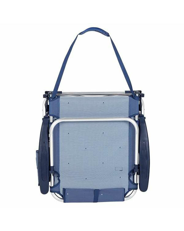 Aktive donkerblauwe strandstoel met afmetingen 51x45x76 cm, geschikt voor sport, outdoor, kamperen en wandelen.