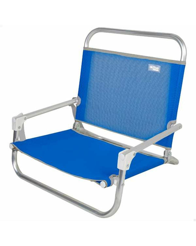 Blue Aktive folding chair for outdoor activities, compact 45x52x22 cm, ideal for camping and hiking.