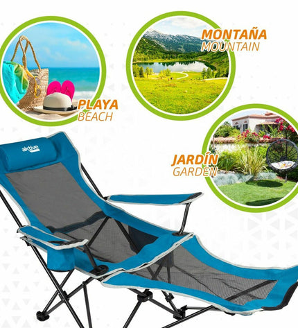 Blue Aktive hangmat-stoel for outdoor camping and hiking, measuring 152 x 54 x 75 cm, ideal for relaxation in nature.